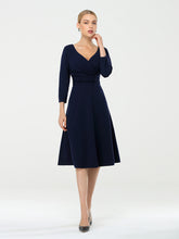Load image into Gallery viewer, Color=Navy Blue | Long Sleeves V Neck A Line Midi Workwear Dress-Navy Blue 1