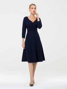Color=Navy Blue | Long Sleeves V Neck A Line Midi Workwear Dress-Navy Blue 1