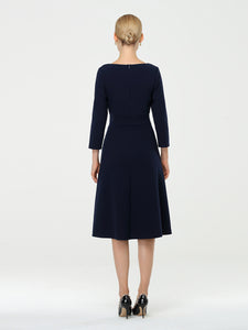 Color=Navy Blue | Long Sleeves V Neck A Line Midi Workwear Dress-Navy Blue 2