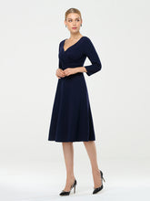 Load image into Gallery viewer, Color=Navy Blue | Long Sleeves V Neck A Line Midi Workwear Dress-Navy Blue 3