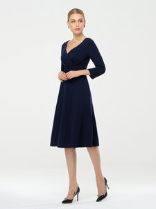 Color=Navy Blue | Long Sleeves V Neck A Line Midi Workwear Dress-Navy Blue 3