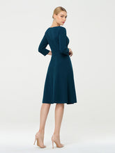 Load image into Gallery viewer, Color=Teal | Long Sleeves V Neck A Line Midi Workwear Dress-Teal 2