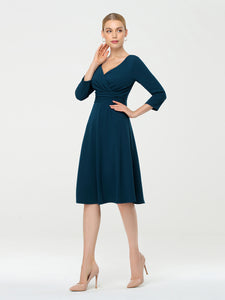 Color=Teal | Long Sleeves V Neck A Line Midi Workwear Dress-Teal 3