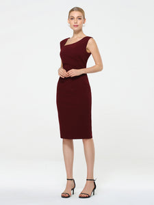Color=Burgundy | Sleeveless Back Split Skirt Midi Sheath Business Dress-Burgundy 3