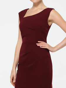 Color=Burgundy | Sleeveless Back Split Skirt Midi Sheath Business Dress-Burgundy 5