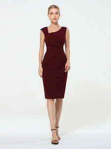 Color=Burgundy | Sleeveless Back Split Skirt Midi Sheath Business Dress-Burgundy 1
