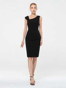 Color=Black | Sleeveless Back Split Skirt Midi Sheath Business Dress-Black 1