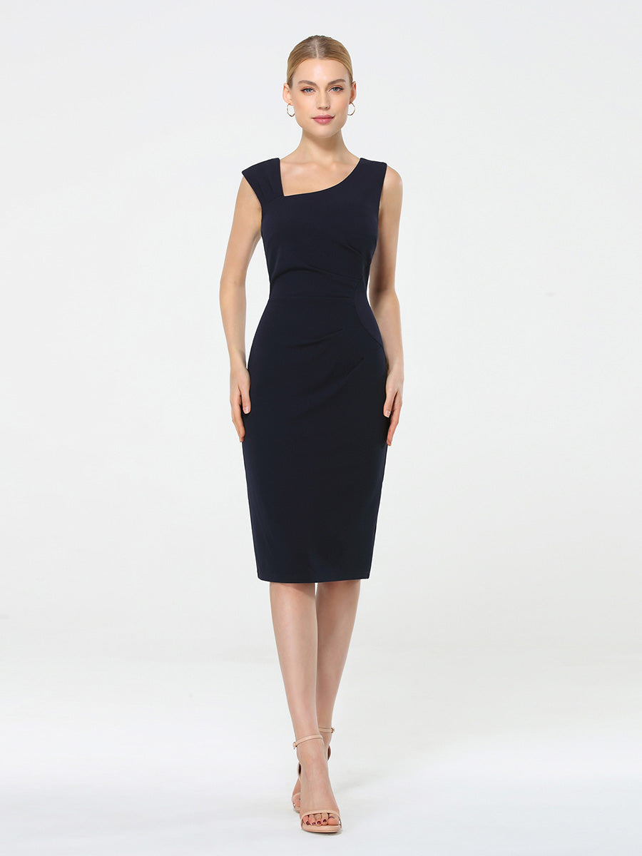 Color=Navy Blue | Sleeveless Back Split Skirt Midi Sheath Business Dress-Navy Blue 1