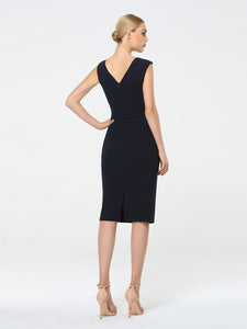 Color=Navy Blue | Sleeveless Back Split Skirt Midi Sheath Business Dress-Navy Blue 2