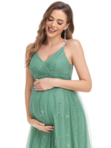 Color=Green Bean | Shiny Spaghetti Straps Deep V Neck Wholesale Maternity Dresses-Green Bean 5