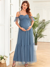 Load image into Gallery viewer, Color=Dusty Navy | Off Shoulders Wholesale Maternity Dresses with Short Ruffles Sleeves-Dusty Navy 1