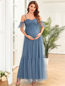 Color=Dusty Navy | Off Shoulders Wholesale Maternity Dresses with Short Ruffles Sleeves-Dusty Navy 1
