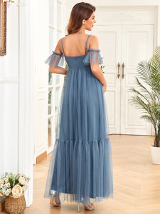 Color=Dusty Navy | Off Shoulders Wholesale Maternity Dresses with Short Ruffles Sleeves-Dusty Navy 2