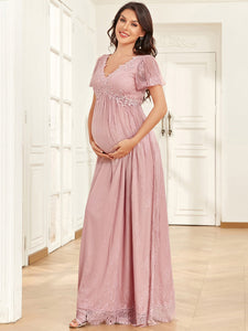Color=Dusty Rose | Cute Deep V Neck A Line Short Sleeves Wholesale Maternity Dresses-Dusty Rose 4