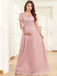 Color=Dusty Rose | Cute Deep V Neck A Line Short Sleeves Wholesale Maternity Dresses-Dusty Rose 3