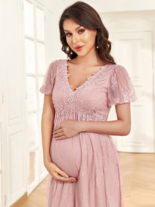 Color=Dusty Rose | Cute Deep V Neck A Line Short Sleeves Wholesale Maternity Dresses-Dusty Rose 5