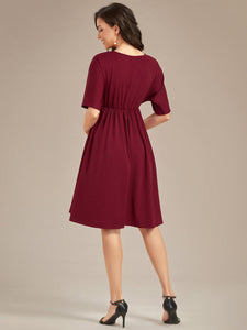 Color=Burgundy | V Neck Short Pleated Wholesale Maternity Dresses-Burgundy 3