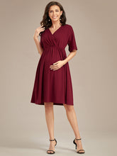 Load image into Gallery viewer, Color=Burgundy | V Neck Short Pleated Wholesale Maternity Dresses-Burgundy 2