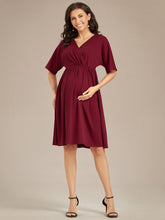 Load image into Gallery viewer, Color=Burgundy | V Neck Short Pleated Wholesale Maternity Dresses-Burgundy 1
