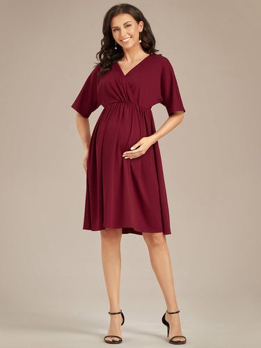 Color=Burgundy | V Neck Short Pleated Wholesale Maternity Dresses-Burgundy 1