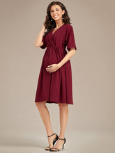 Load image into Gallery viewer, Color=Burgundy | V Neck Short Pleated Wholesale Maternity Dresses-Burgundy 5