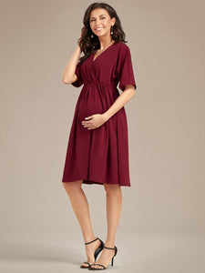 Color=Burgundy | V Neck Short Pleated Wholesale Maternity Dresses-Burgundy 5