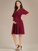 Load image into Gallery viewer, Color=Burgundy | V Neck Short Pleated Wholesale Maternity Dresses-Burgundy 4