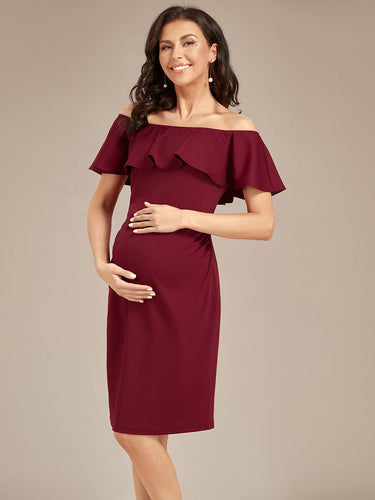 Color=Burgundy | Off Shoulder Ruffles Wholesale Maternity Dresses-Burgundy 1
