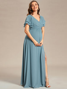 Color=Dusty blue | Ruffle Sleeves Split Chiffon Wholesale Maternity Dresses-Dusty blue 2