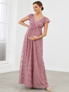 Color=Orchid | Deep V Neck A Line Wholesale Maternity Dresses with Cover Sleeves-Orchid 3