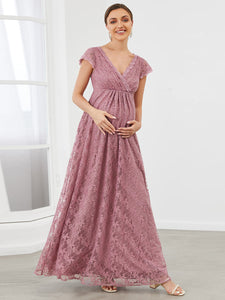 Color=Orchid | Deep V Neck A Line Wholesale Maternity Dresses with Cover Sleeves-Orchid 4