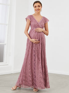 Color=Orchid | Deep V Neck A Line Wholesale Maternity Dresses with Cover Sleeves-Orchid 1