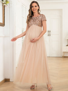 Color=Blush | Gorgeous A Line Round Neck Short Sleeves Wholesale Maternity Dresses-Blush 4