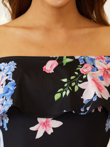 COLOR=Black | Cold-Shoulder Dress with Floral Print for Pregnant Black 5