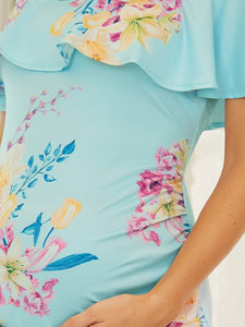 COLOR=Sky Blue | Cold-Shoulder Dress with Floral Print for Pregnant Sky Blue 5