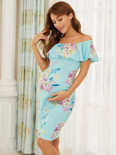 Load image into Gallery viewer, COLOR=Sky Blue | Cold-Shoulder Dress with Floral Print for Pregnant Sky Blue 1