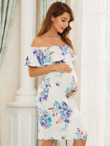 COLOR=Cream | Cold-Shoulder Dress with Floral Print for Pregnant Cream 3