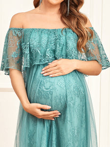 Color=Dusty blue | Short Ruffles Sleeves A Line Off Shoulder Wholesale Maternity Dresses-Dusty blue 5