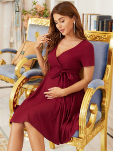 Color=Burgundy | Knee-Length Deep V-neck Dress for Pregnant Women-Burgundy 3