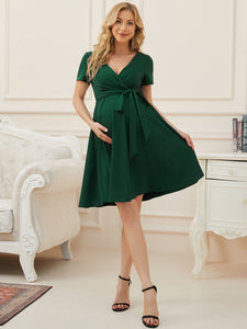 Color=Dark Green | Knee-Length Deep V-neck Dress for Pregnant Women-Dark Green 4