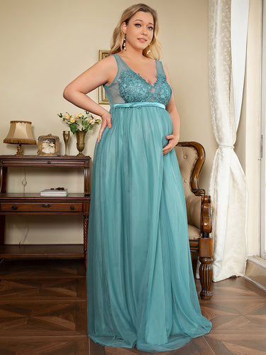 COLOR=Dusty Blue | Plus Size Sultry Sleeveless Long Maxi Dress for Pregnant Women-Dusty Blue 1