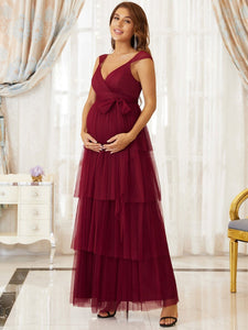 Color=Burgundy | Sexy Sleeveless Layered A Line Wholesale Maternity Dresses-Burgundy 1