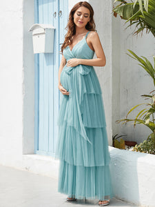 Color=Dusty blue | Sleeveless Layered Dress for Pregnant Women-Dusty blue 1