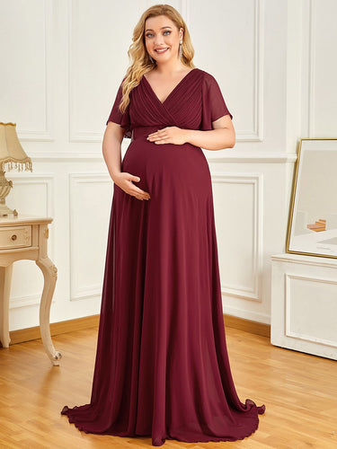 Color=Burgundy | Plus Size Cute and Adorable Deep V-neck Dress for Pregnant Women-Burgundy 1