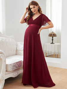 Color=Burgundy | Cute and Adorable Deep V-neck Dress for Pregnant Women-Burgundy 1