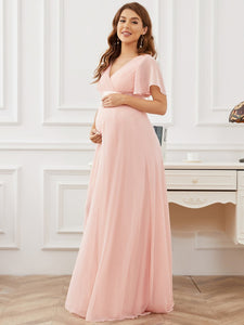Color=Pink | Cute and Adorable Deep V-neck Dress for Pregnant Women-Pink 3