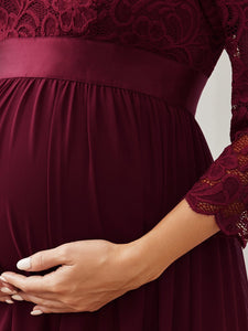 Color=Burgundy | Simple and Elegant Maternity Dress with A-line silhouette-Burgundy 5