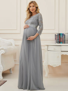 Color=Grey | Round Neck A-Line Floor-Length Wholesale Maternity Dresses-Grey 1