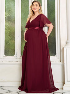Color=Burgundy | Pretty Deep V Neck Plus Size Wholesale Maternity Dresses-Burgundy 4