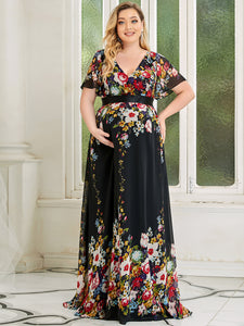 Color=Black and printed | Pretty Deep V Neck Plus Size Wholesale Maternity Dresses-Black and printed 1
